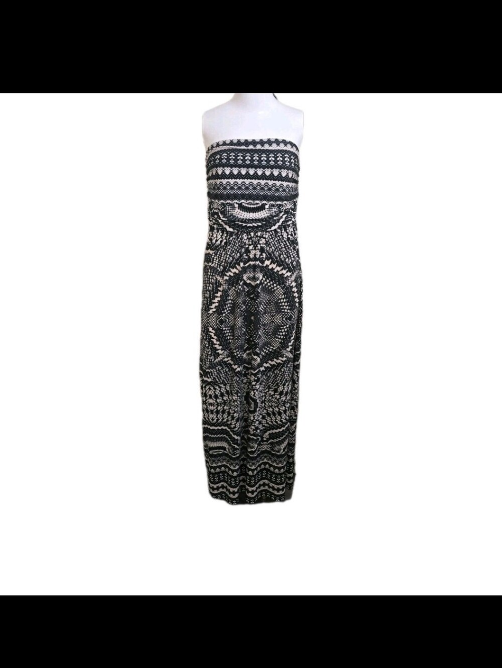 Robbie Bee Black and Cream Strapless Patterned Maxi Dress Sz L Vacation Beach